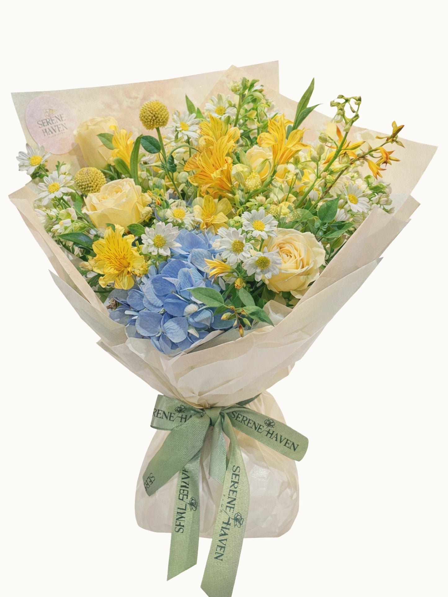 Bright Future 鮮花花束|Yellow Flowers、Blue Hydrangea、Seasonal Bouquet|Serene Haven Floristry