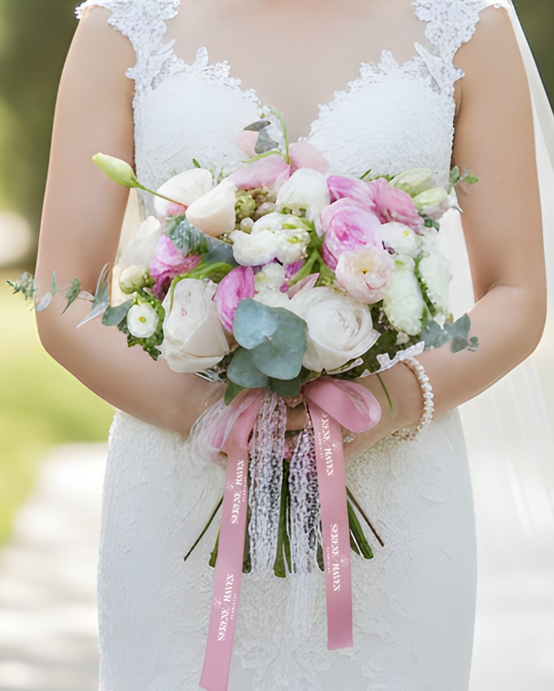 Serene Haven Élan 新娘花球,粉白色浪漫花藝設計。Soft pink bridal bouquet handcrafted by Serene Haven.