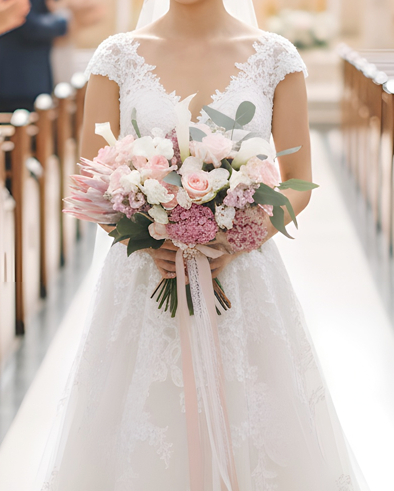 Serene Haven Lumière 新娘花球,繡球花與玫瑰浪漫設計。Elegant hydrangea and rose bridal bouquet by Serene Haven.