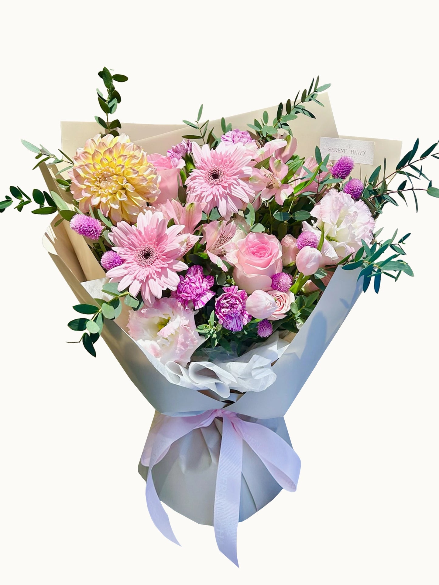 Pink Serenity 鮮花花束|Pink Roses、Pink Gerbera、Seasonal Flowers Bouquet|Serene Haven Floristry
