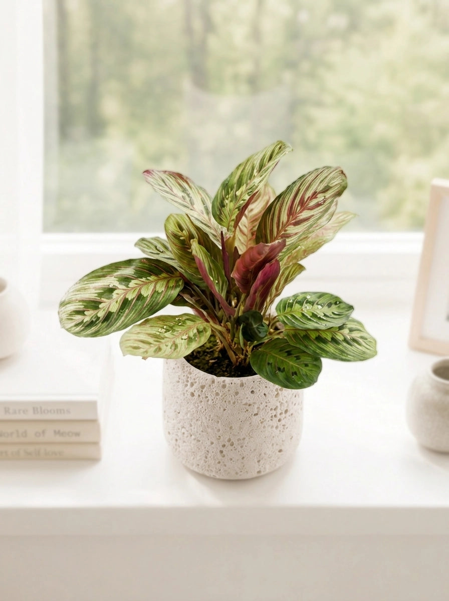 Red Vein Prayer Plant 紅脈葉蝴竹 in complementary ceramic pot|觀葉植物 home styling by Serene Haven Floristry