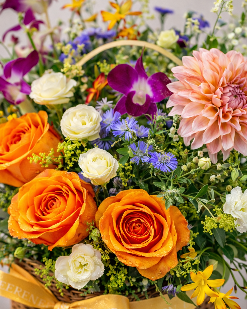 花材細節 Close-up|Orange & yellow blooms in Sunlit Meadow Basket