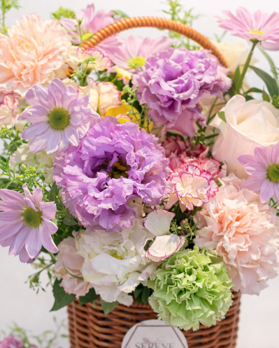 花材細節 Close-up|Purple & blush blooms in Twilight Garden Basket
