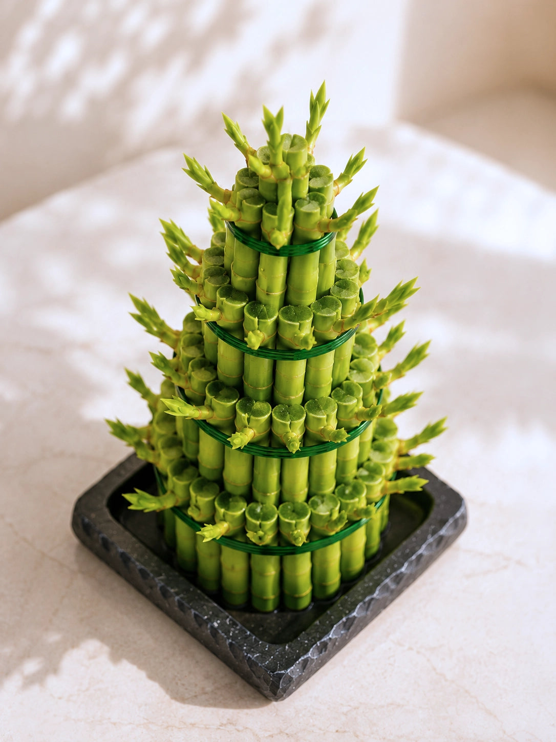6-Tier Lucky Bamboo Tower 側面展示，Feng Shui 富貴竹塔寓意事業步步高升，perfect for office décor、housewarming gifts and grand openings.