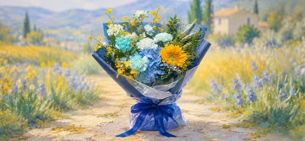 Van Gogh 靈感花束，vibrant blue hydrangeas、sunflowers 同 bold colour contrast。