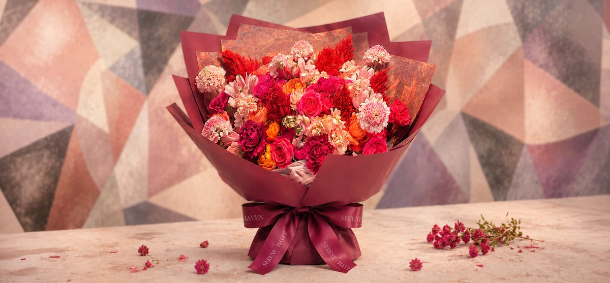 Picasso 靈感花束，大膽紅色 flowers 配 geometric background，充滿藝術感。