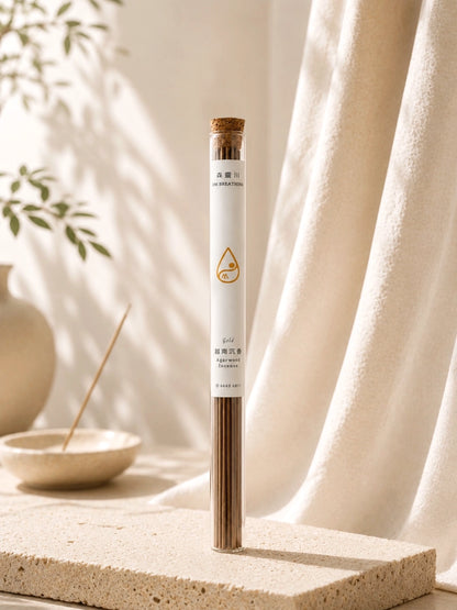 Agarwood incense with 30 sticks, approximately 40-minute burn time, displayed in a clear glass tube on a neutral styled background.