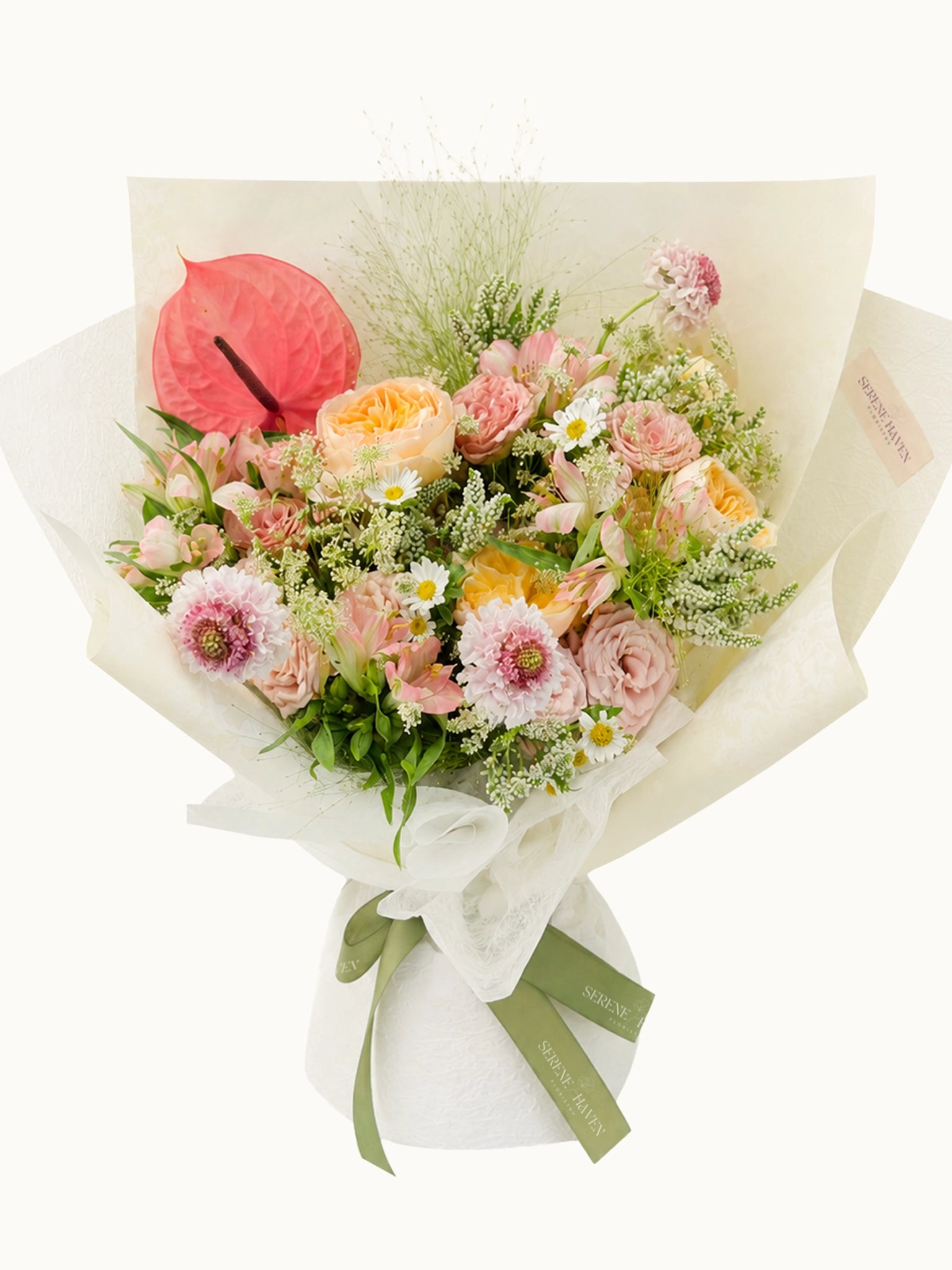 All You Need To Know 花束正面，粉色玫瑰、Gerberas、粉紅 Anthurium 配季節花材，romantic pastel bouquet for birthdays and anniversaries.