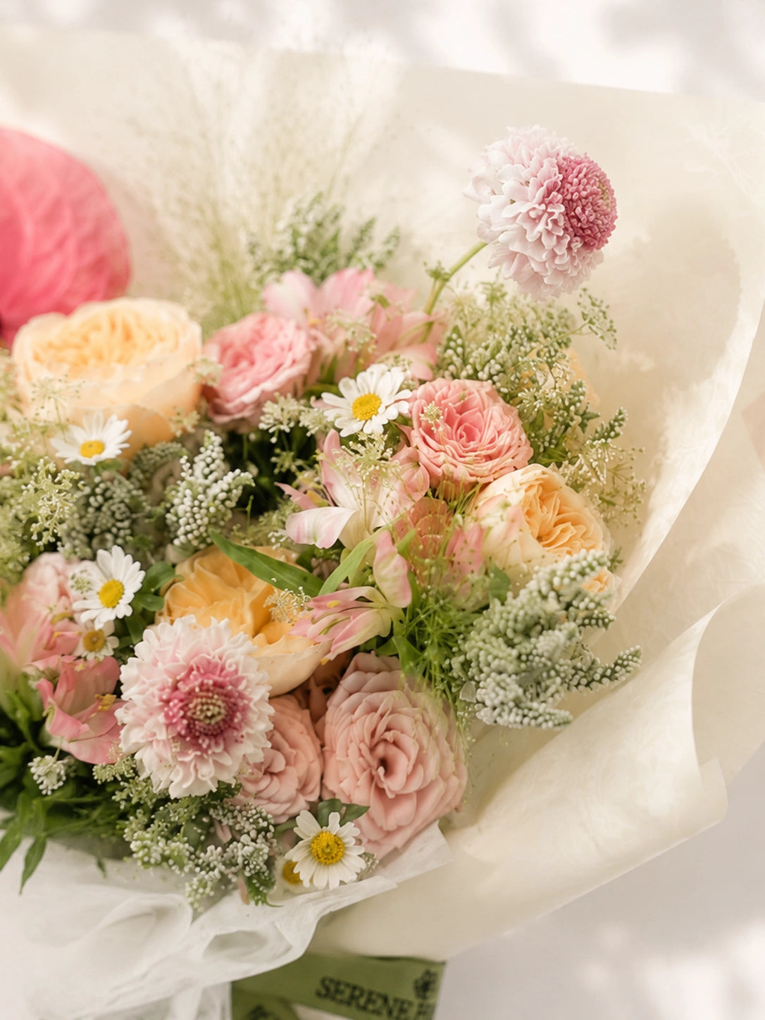 All You Need To Know close-up，柔粉玫瑰、Gerberas 同粉紅 Anthurium 花材細節，soft pastel floral arrangement with elegant texture.