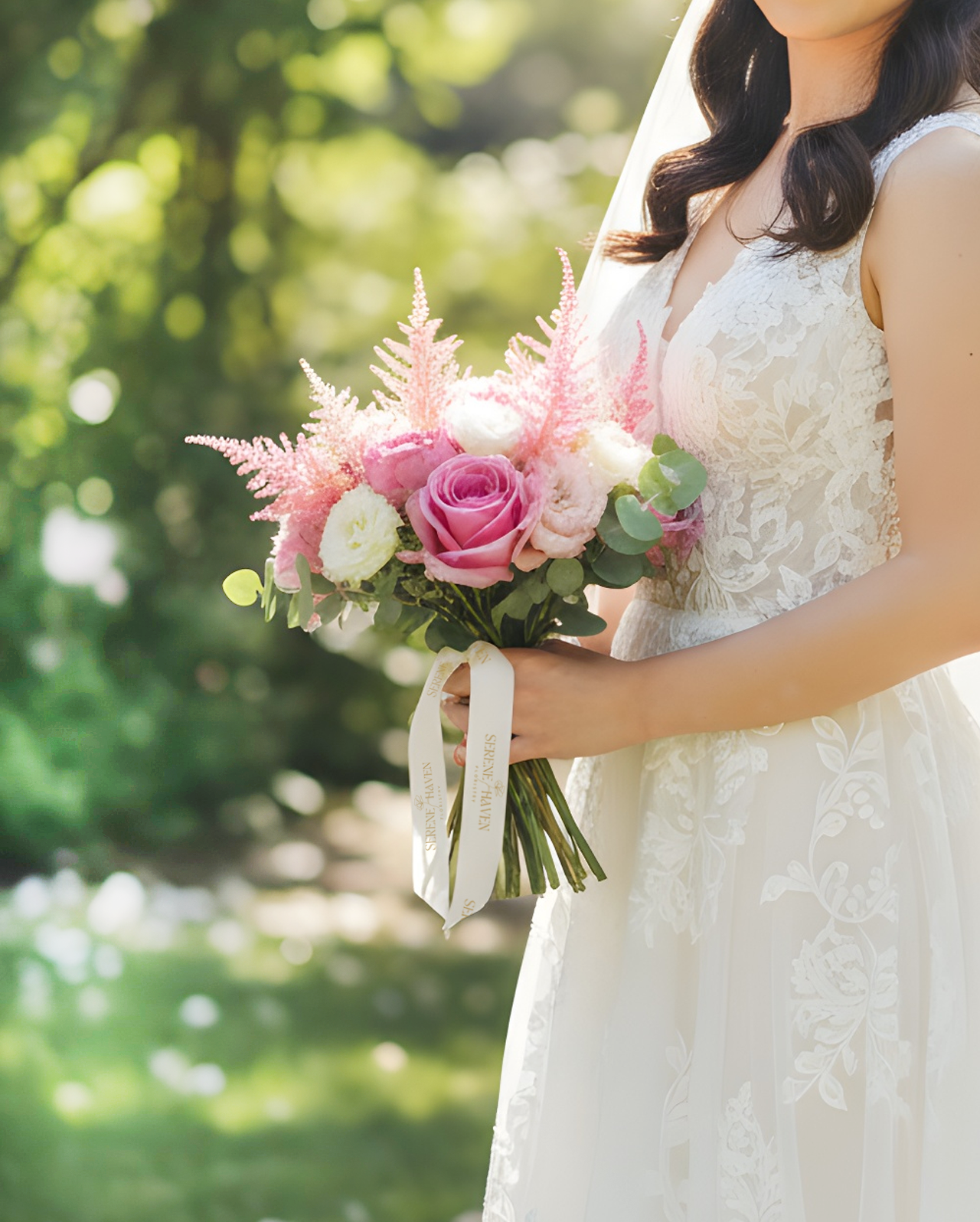 Serene Haven Amour 新娘花球，粉玫瑰與柔美花材設計。Romantic bridal bouquet with blush roses by Serene Haven.