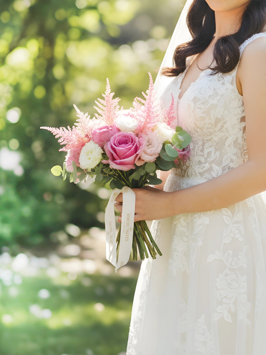 Serene Haven Amour 新娘花球，粉玫瑰與柔美花材設計。Romantic bridal bouquet with blush roses by Serene Haven.
