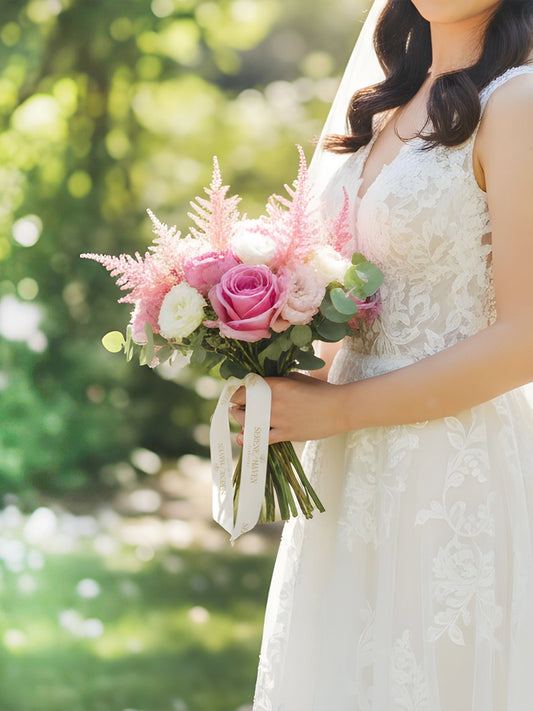 Serene Haven Amour 新娘花球，粉玫瑰與柔美花材設計。Romantic bridal bouquet with blush roses by Serene Haven.