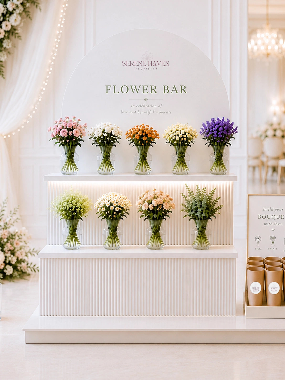Flower Bar experience by Serene Haven Floristry where guests create personalised bouquets with seasonal fresh flowers. Serene Haven Floristry 花藝花吧體驗，賓客可親手挑選時令鮮花，製作專屬花束。