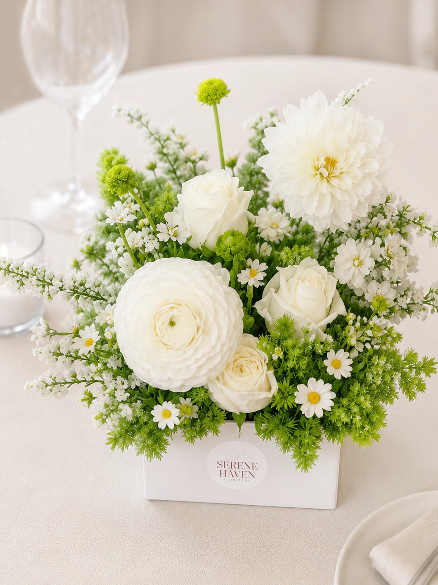 Serene Haven Blanc Garden 桌花近拍。Close-up of Blanc Garden floral arrangement.