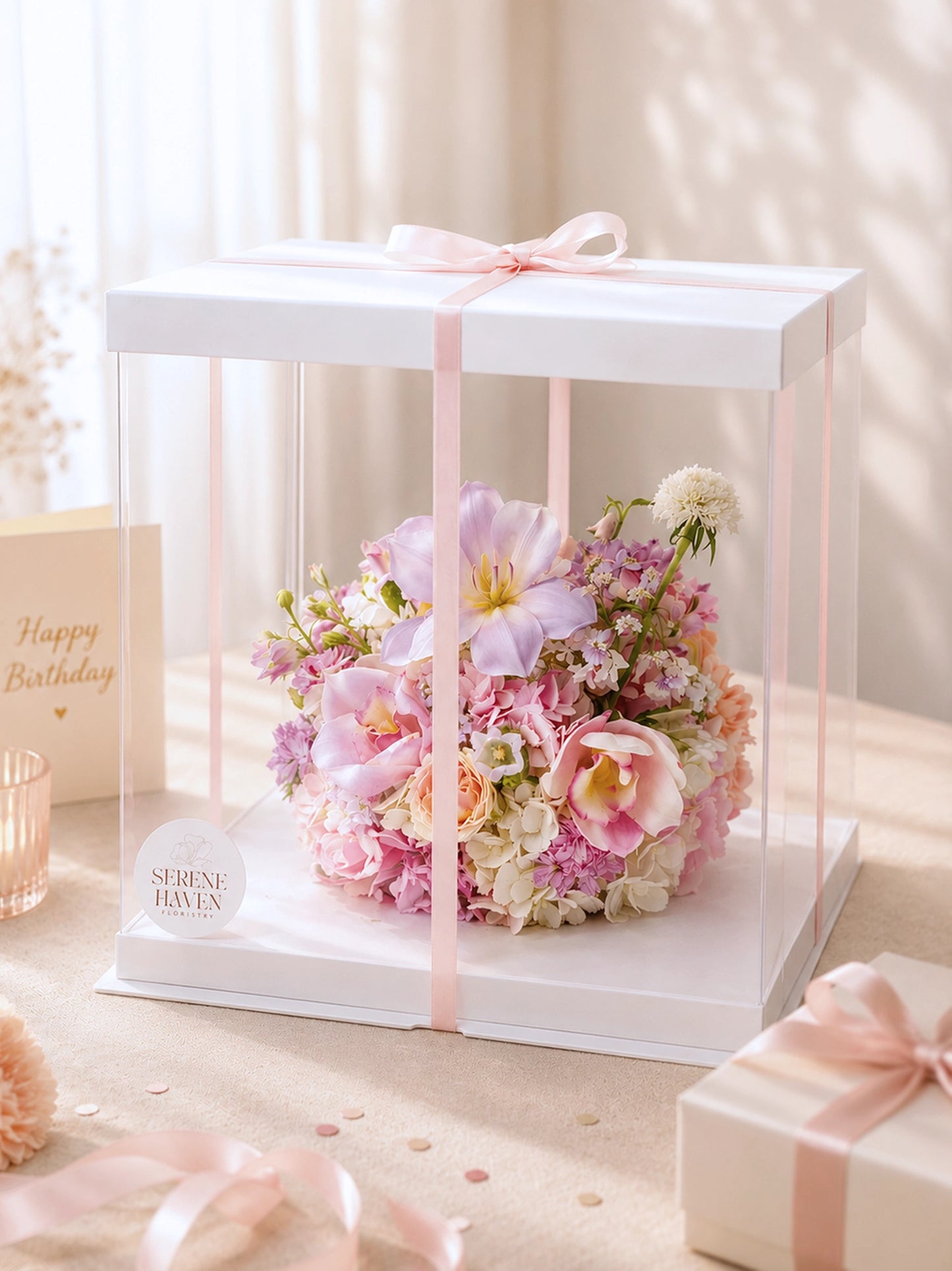 Bloom Cake Blush Garden 精緻盒裝花蛋糕。Blush Garden bloom cake in elegant gift box, perfect for birthdays and little surprises.