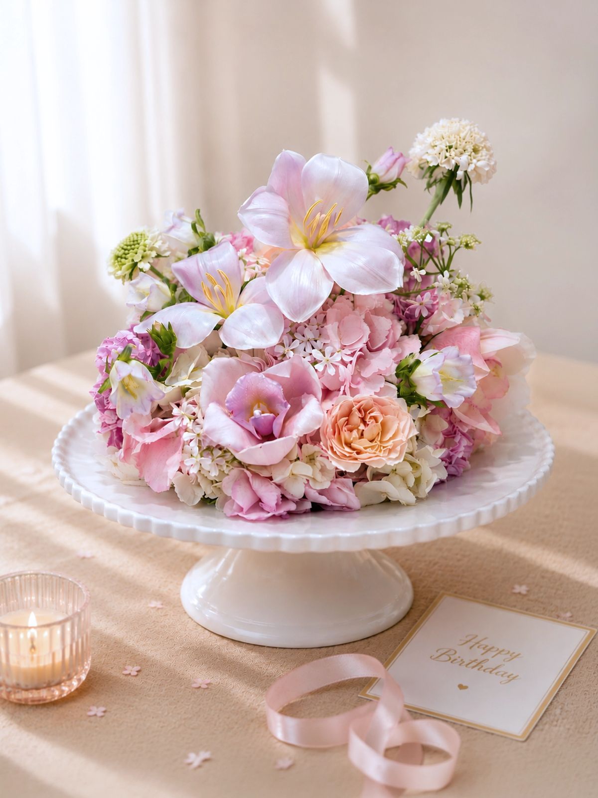 Bloom Cake Blush Garden floral arrangement on cake stand, perfect for birthdays and little surprises