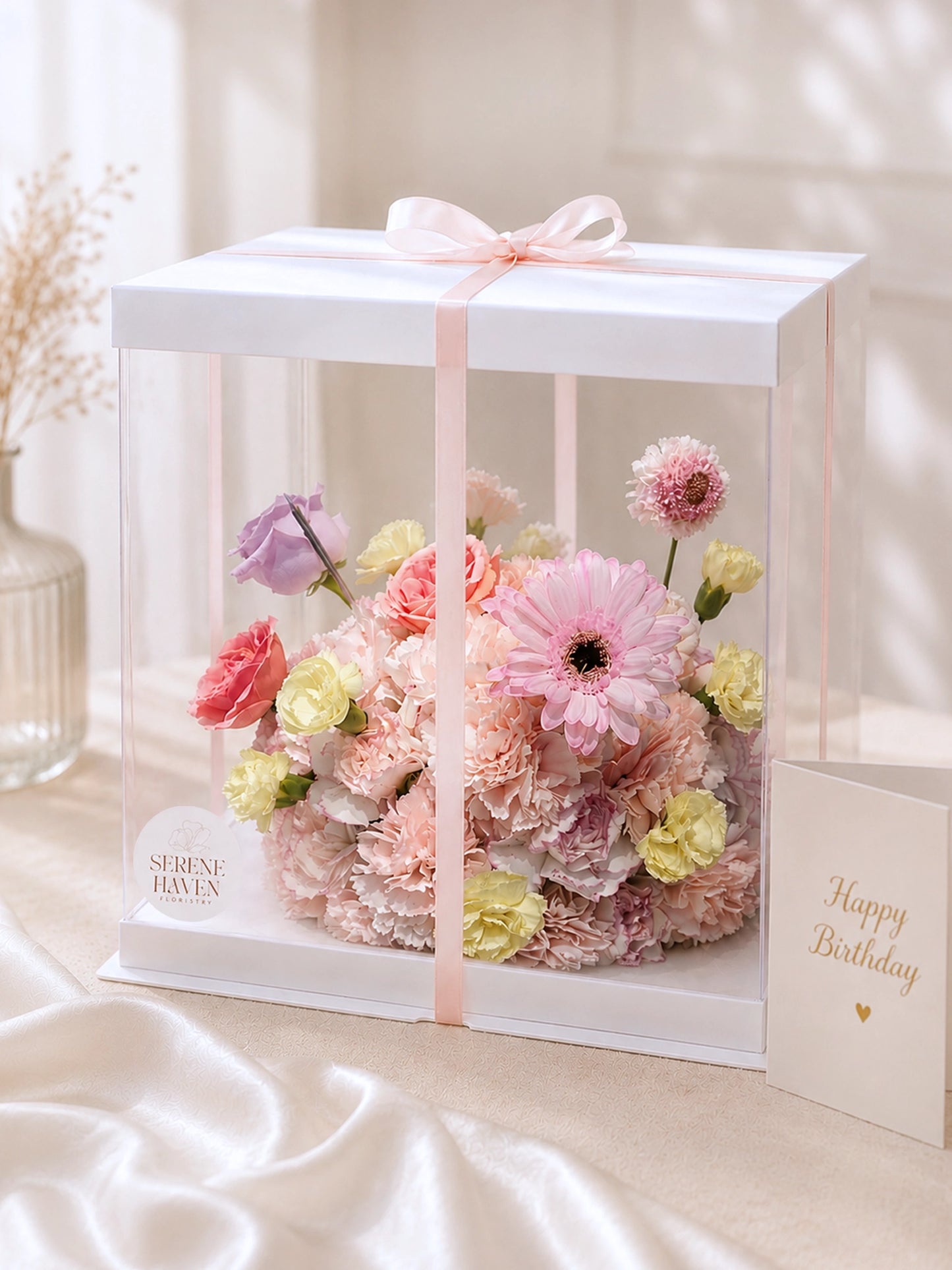 Bloom Cake Blush 花藝蛋糕禮盒｜粉色 carnation、Gerbera、rose 花藝設計，透明 gift box with birthday card，生日送禮、女生禮物、flower cake Hong Kong