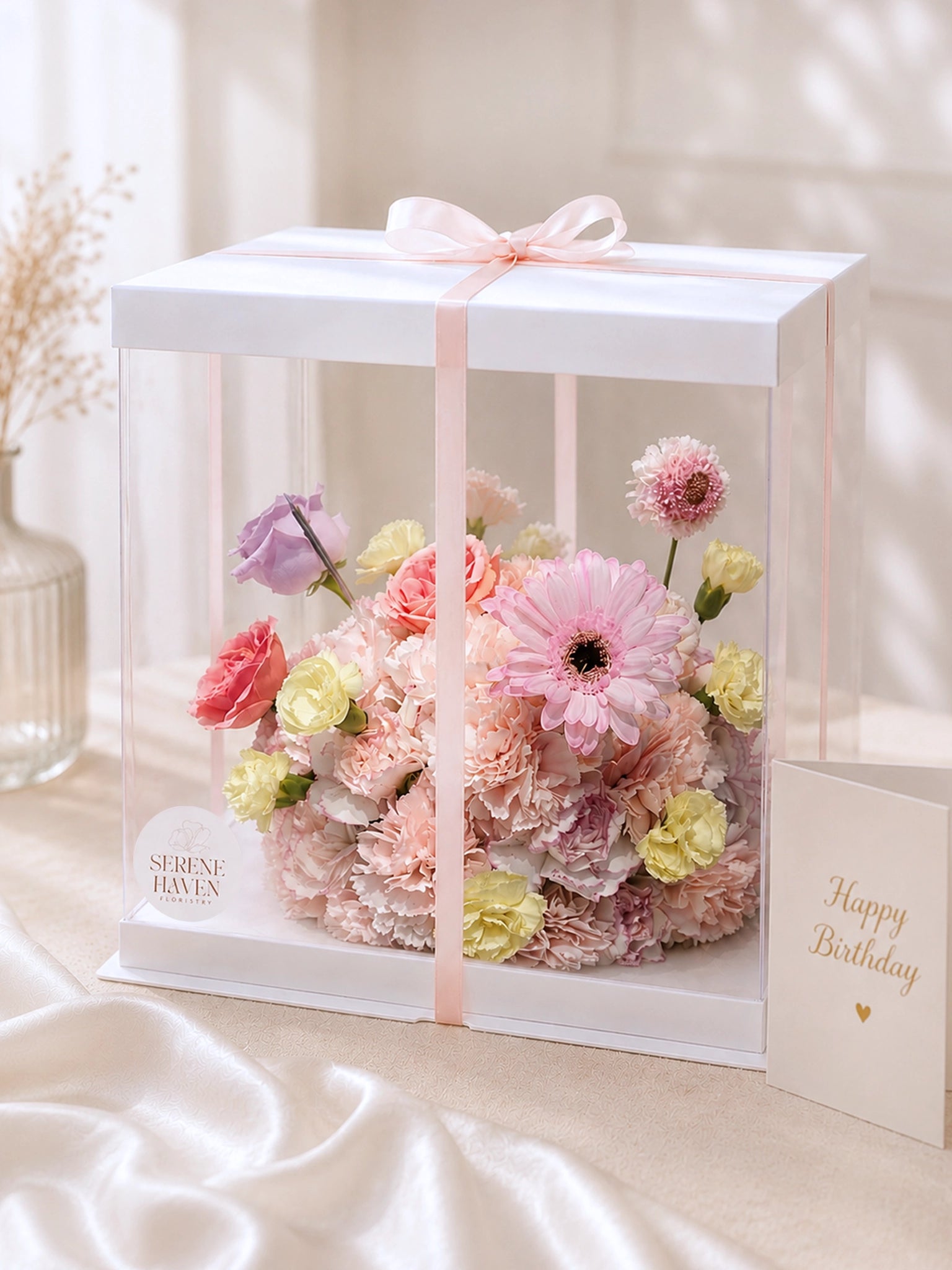 Bloom Cake Blush 花藝蛋糕禮盒｜粉色 carnation、Gerbera、rose 花藝設計，透明 gift box with birthday card，生日送禮、女生禮物、flower cake Hong Kong