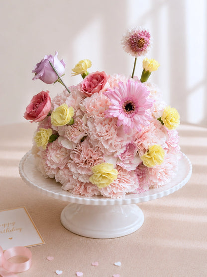 Bloom Cake Blush 花藝蛋糕｜粉色 carnation、Gerbera、rose 花藝蛋糕設計，cake stand 展示，生日花禮、Birthday flower gift、pastel flower cake Hong Kong