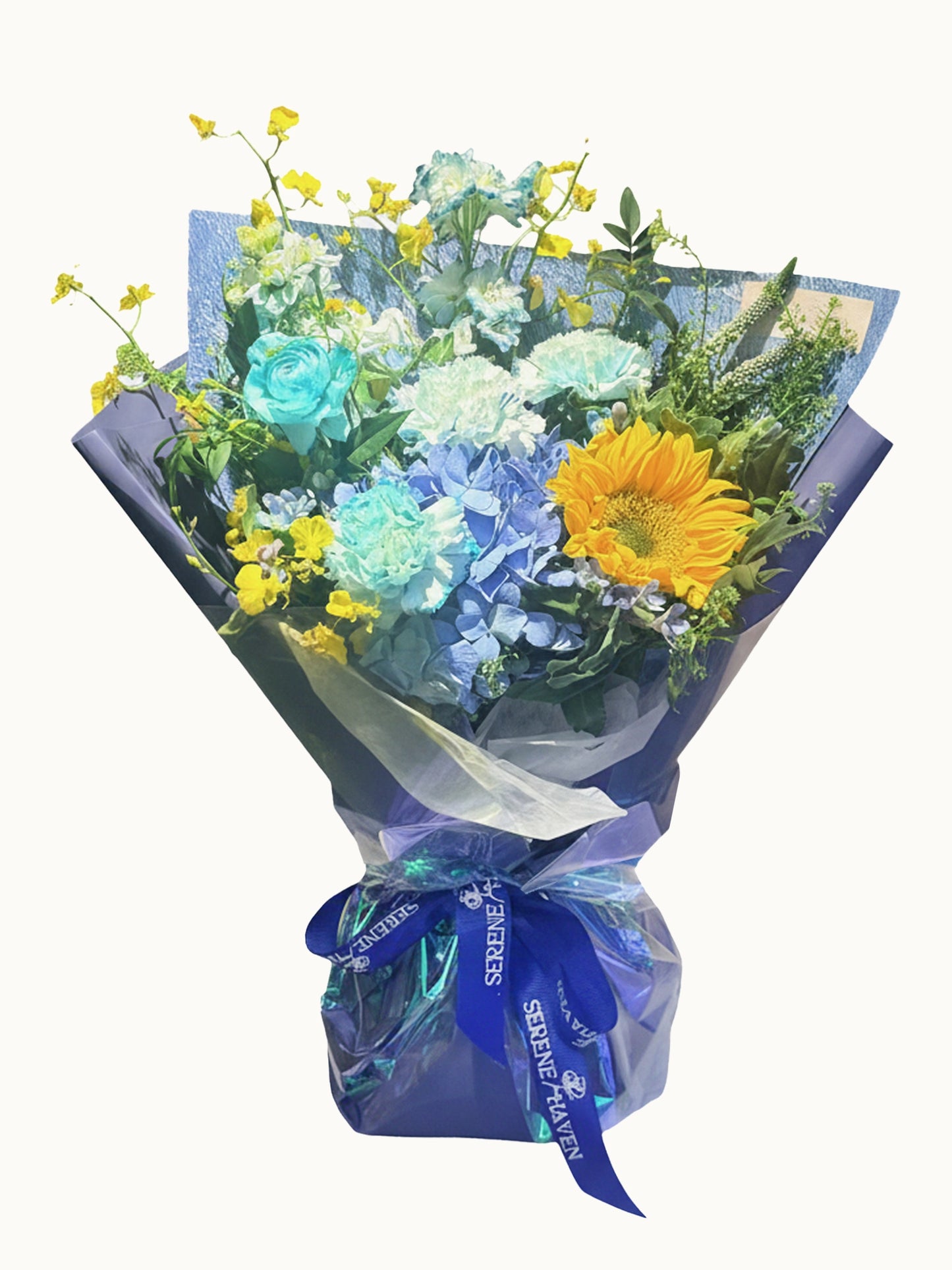 Blue Horizon bouquet｜藍色繡球花、藍玫瑰、向日葵花束，清新明亮畢業花束，Hong Kong florist