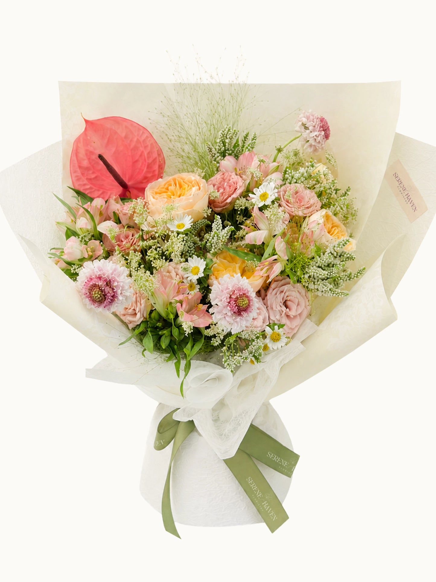 Blush Reverie 花束正面，粉色玫瑰、Gerberas、粉紅 Anthurium 配季節花材，romantic pastel bouquet for birthdays and anniversaries.