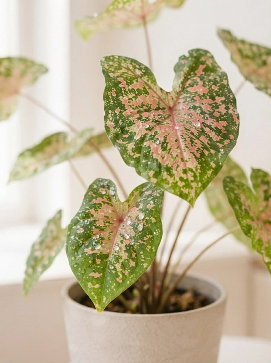 Caladium Carolyn 卡洛琳彩芋 displayed in ceramic pot｜Elegant pink variegated foliage for indoor décor