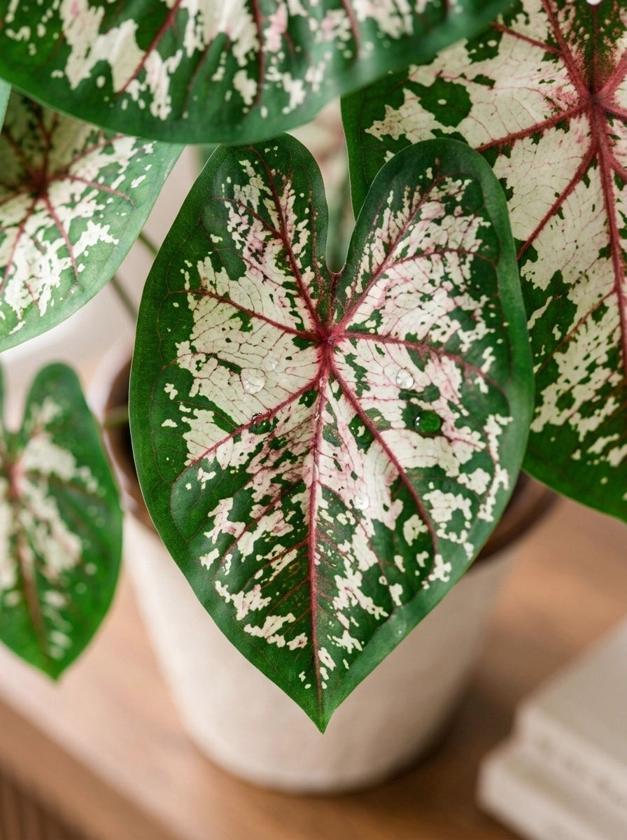 Close-up of Caladium McDowell 麥克道爾彩芋 leaf｜Creamy white centre with green margins and vibrant pink veins