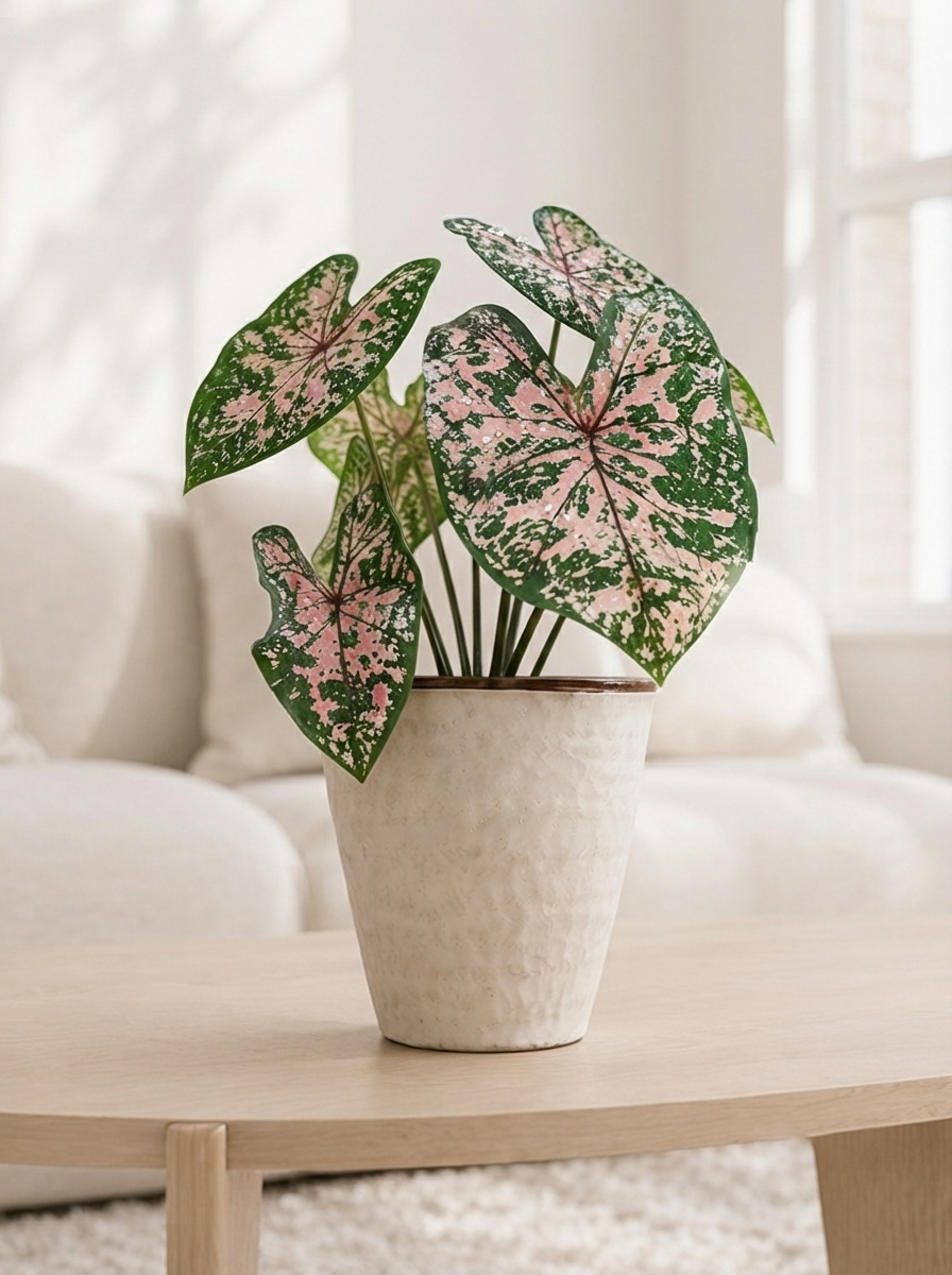 Caladium 'Pink Splash' 粉飛濺彩芋 front view styled in a bright living room｜Pink-speckled foliage brings colour and warmth to any space