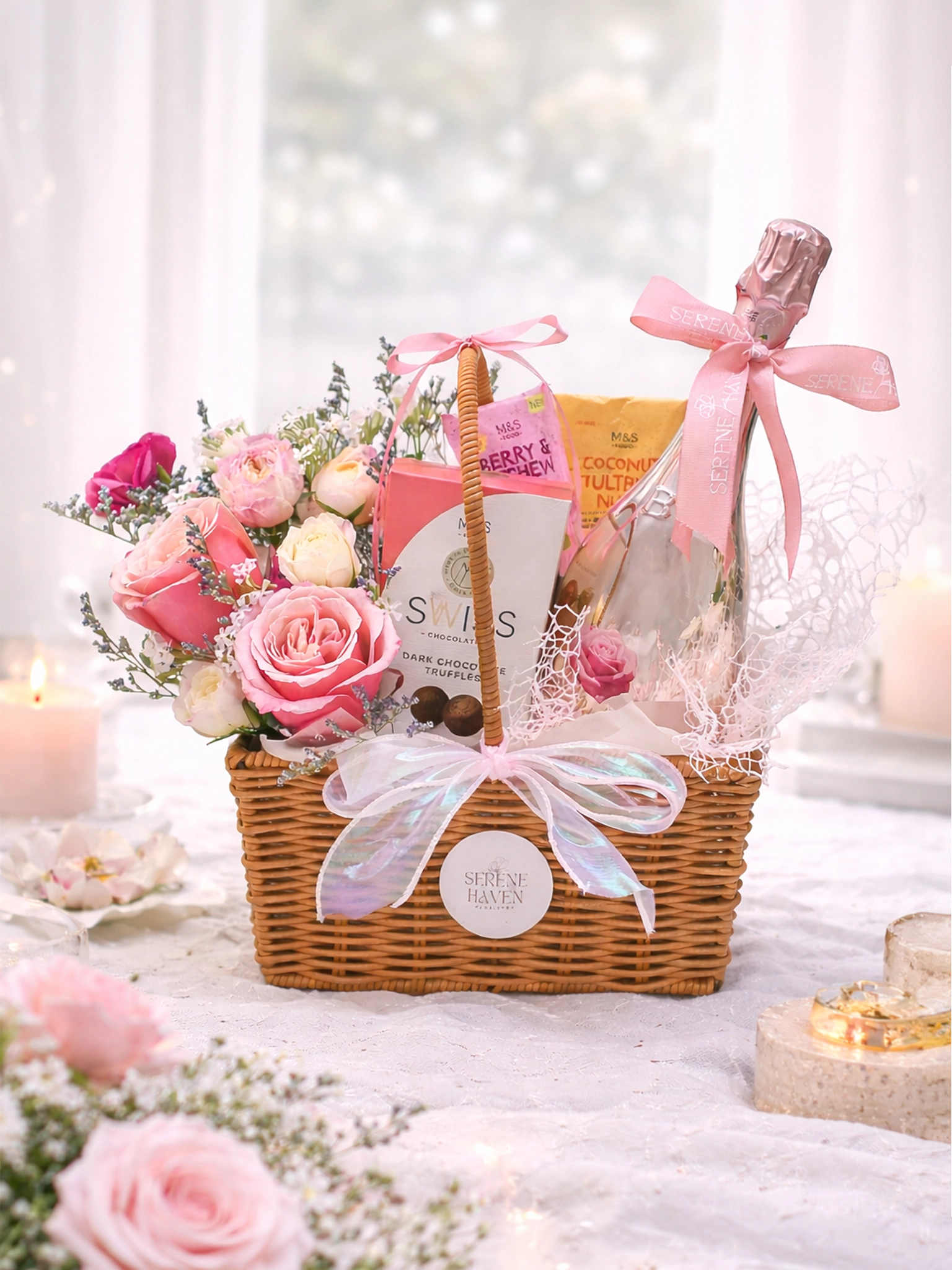 Serene Haven Celebration 花禮籃，鮮花、朱古力及 Moscato Rosé。Celebration floral hamper with wine and chocolate by Serene Haven.