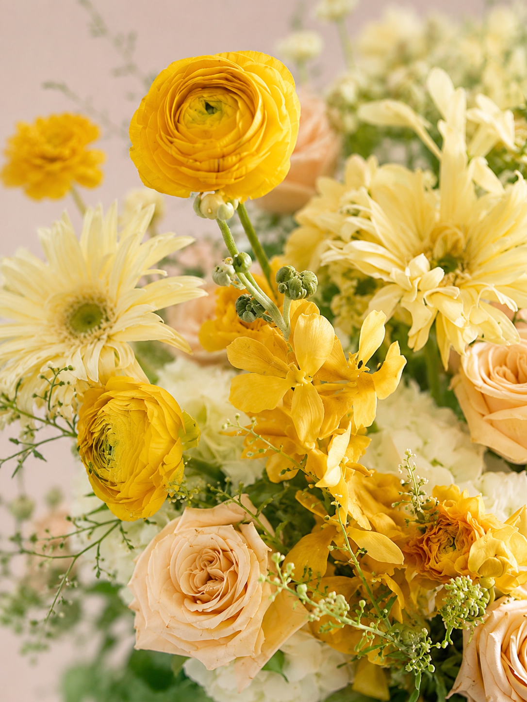 Chapter of Daylight 花藝特寫｜Yellow ranunculus and peach roses