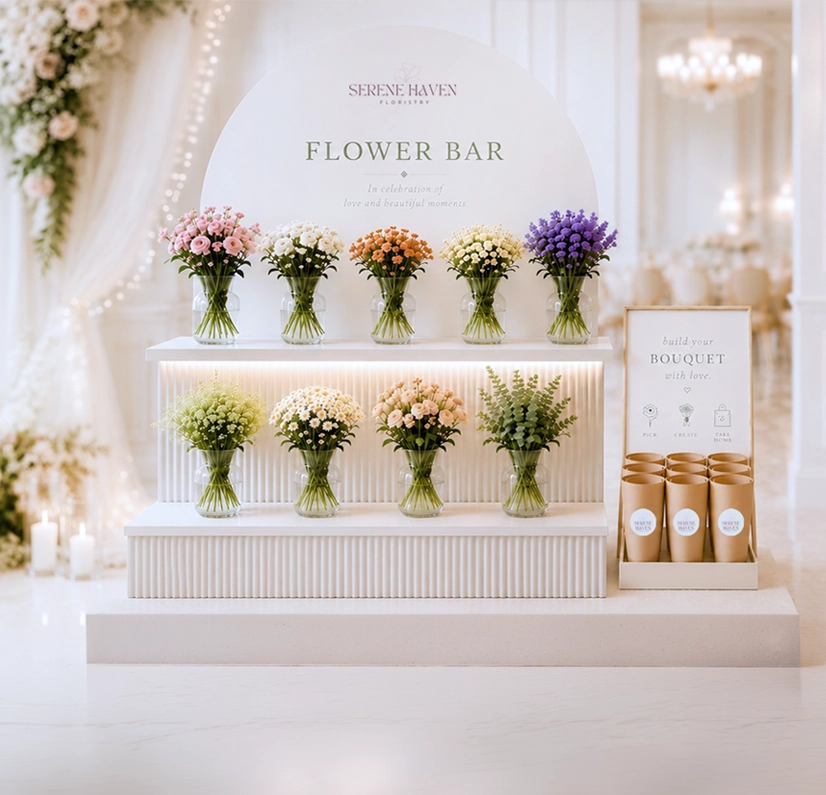 Flower Bar by Serene Haven Floristry featuring an interactive floral station with seasonal blooms for weddings, brand events and celebrations. Serene Haven Floristry 花藝花吧，設有互動式鮮花花吧，適合婚禮、品牌活動及各類慶典。