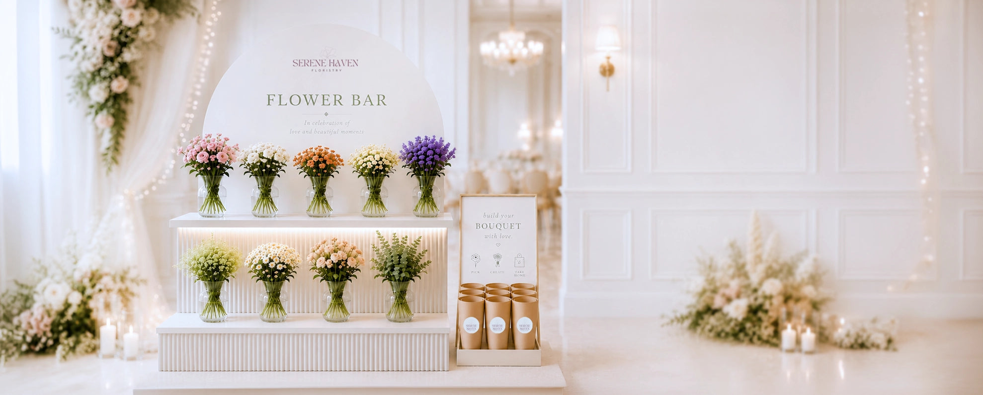 Flower Bar by Serene Haven Floristry featuring an interactive floral station with seasonal blooms for weddings, brand events and celebrations. Serene Haven Floristry 花藝花吧，設有互動式鮮花花吧，適合婚禮、品牌活動及各類慶典。