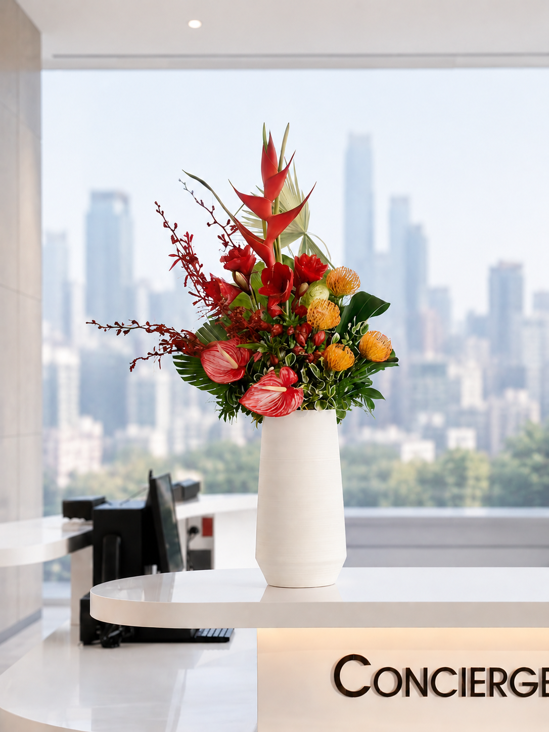 Corporate Flower Subscription｜Office reception floral arrangement featuring premium tropical flowers，適合企業大堂、酒店及商業空間定期鮮花佈置。
