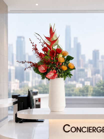 Corporate Flower Subscription｜Office reception floral arrangement featuring premium tropical flowers，適合企業大堂、酒店及商業空間定期鮮花佈置。