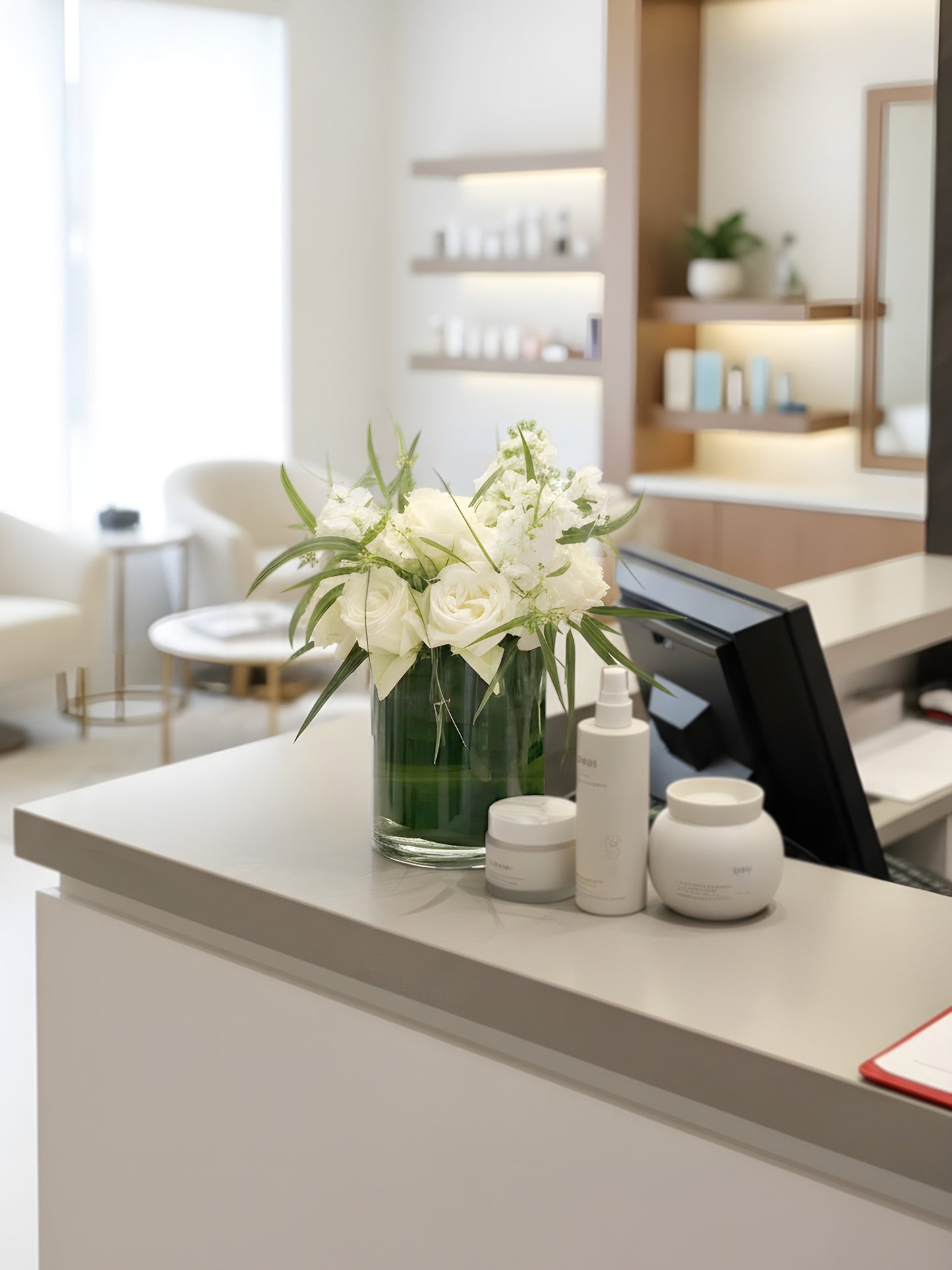 Corporate Flower Subscription｜Elegant floral arrangement suitable at reception for clinics, beauty centers and groups, hair removal specialist centers, spa, massage shops and centers. 小巧高貴簡約花藝，適合醫美中心及集團、醫療中心、診所、美容院、脫毛專門店、水療、按摩等等前枱接待處。