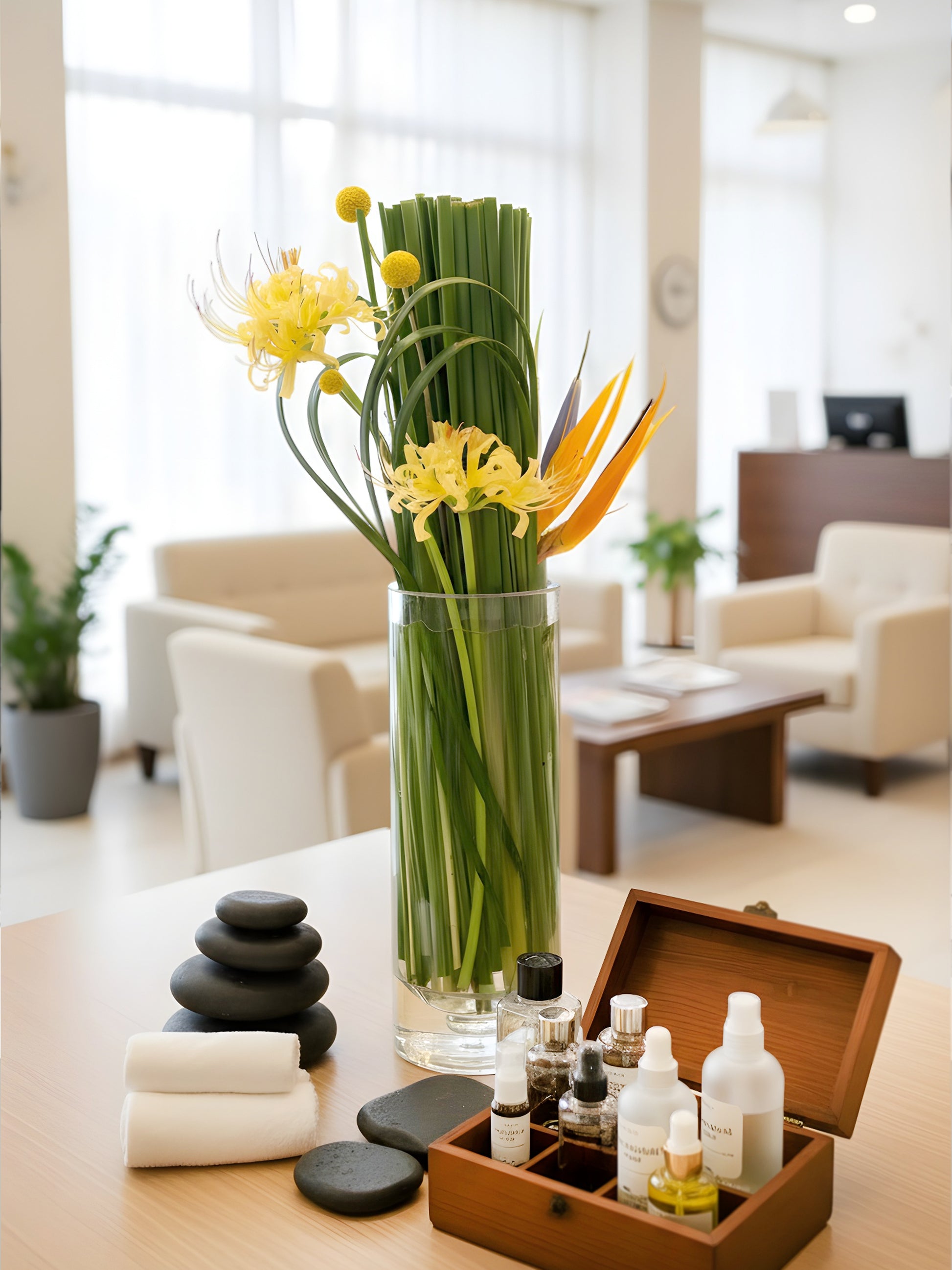 Corporate Flower Subscription｜Elegant floral arrangement at spa reception，為美容中心、spa及 wellness space 帶來高級迎賓感。
