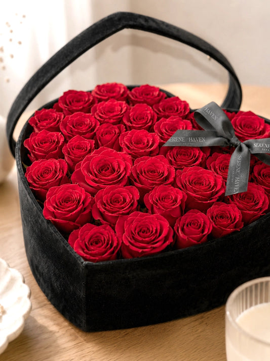 Crimson Devotion Ever 紅玫瑰 preserved flowers 心形禮盒 close-up，展示自然盛開花朵與黑色品牌絲帶
