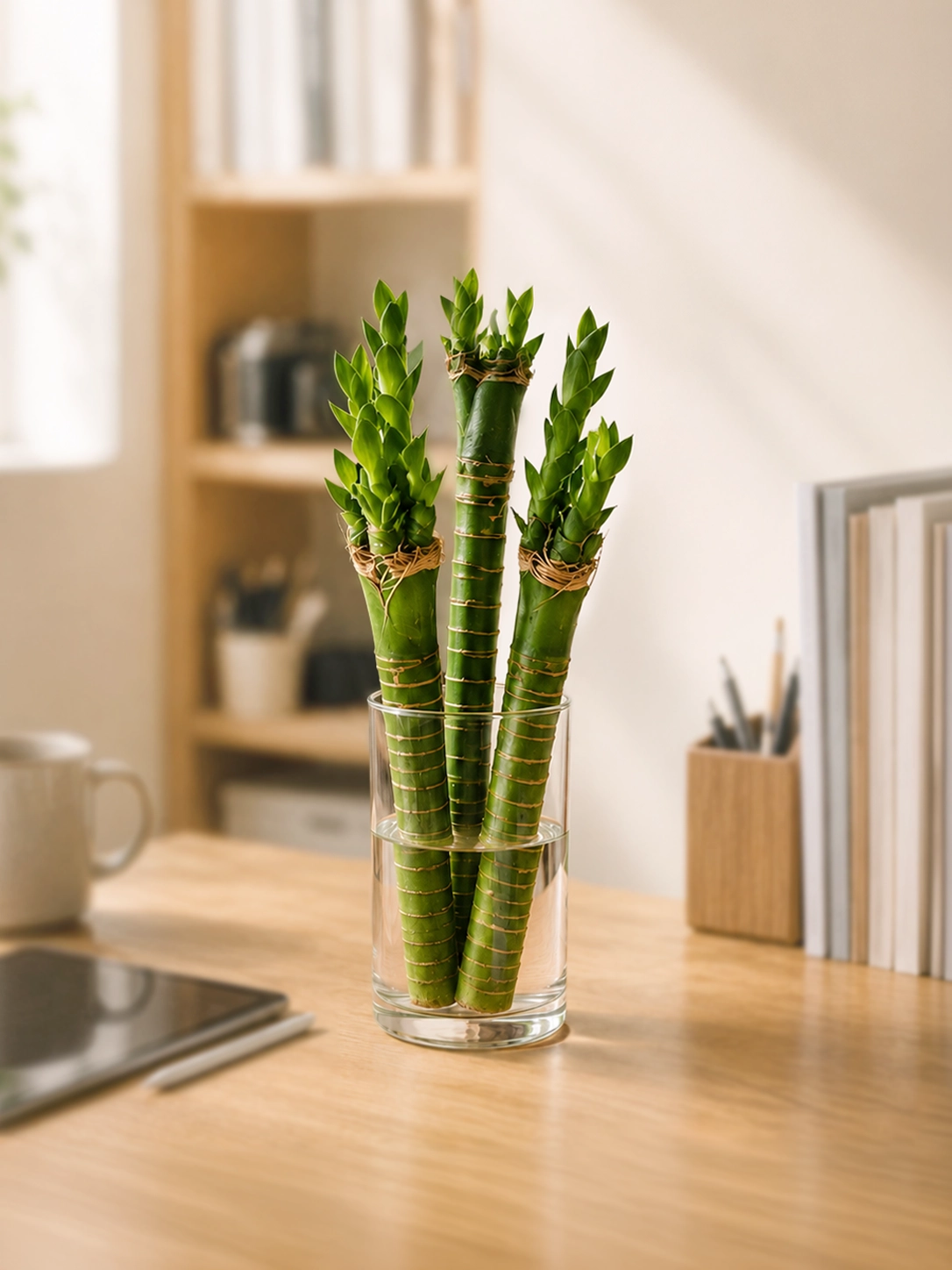Dragon Bamboo 龍竹 in glass vase, elegant Feng Shui plant symbolising strength, prosperity and positive energy