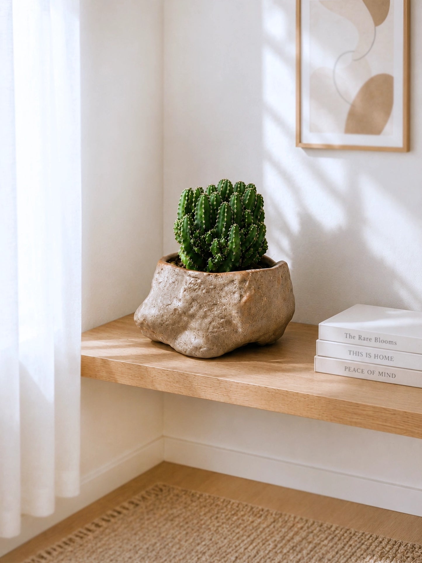 Emerald Sculpture Cactus｜翠影仙人掌 displayed on a warm wooden shelf with artisan ceramic planter, soft morning daylight and serene minimalist home interior.