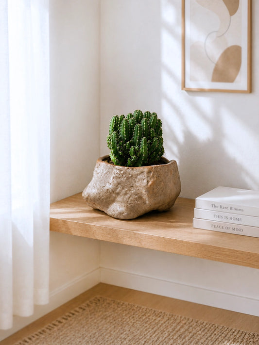Emerald Sculpture Cactus｜翠影仙人掌 displayed on a warm wooden shelf with artisan ceramic planter, soft morning daylight and serene minimalist home interior.