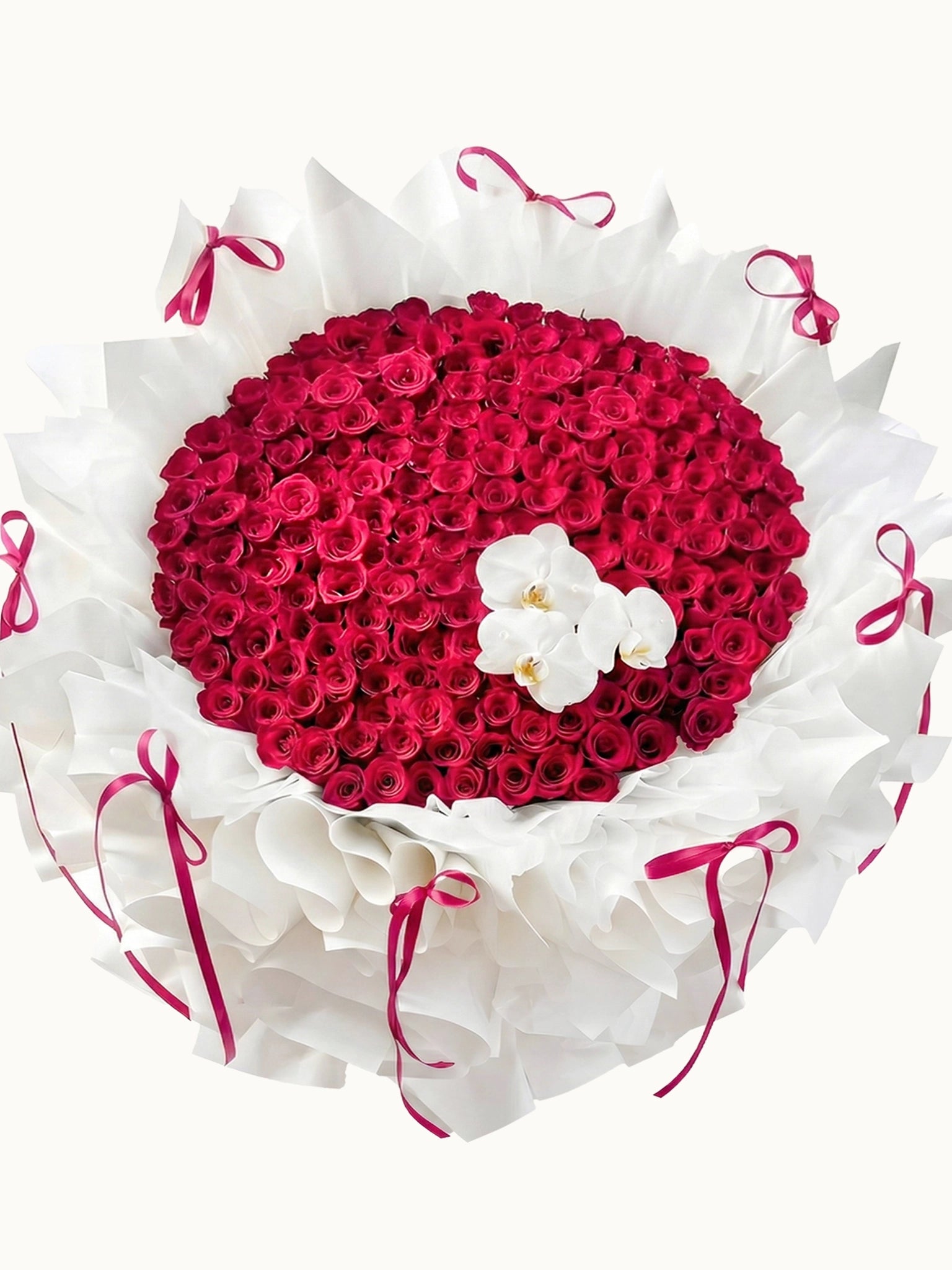 First Kiss 溫柔桃色玫瑰，與高貴白蝴蝶蘭花束，fresh fuchsia roses and white orchids bouquet