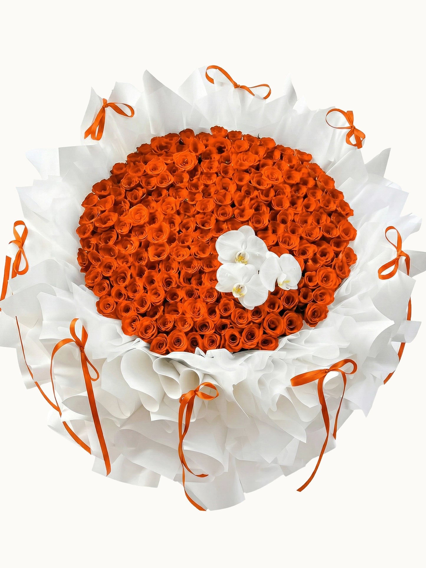 First Kiss 活力歡樂橙色玫瑰，與高貴白蝴蝶蘭花束，fresh orange roses and white orchids bouquet