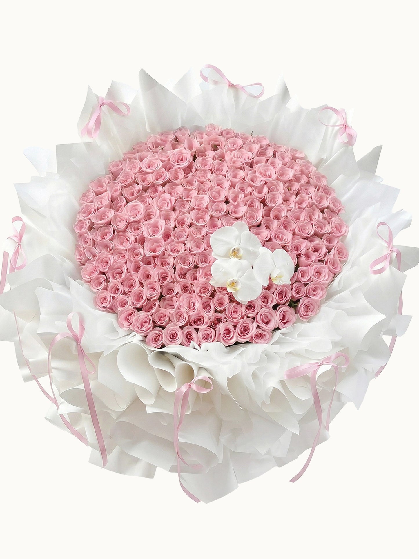 First Kiss 漫漫粉紅色玫瑰，與高貴白蝴蝶蘭花束，fresh pink roses and white orchids bouquet