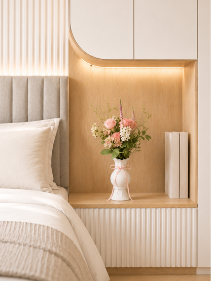 Flower Subscription｜鮮花訂閱花藝放置於 bedroom bedside shelf，配搭溫潤木質設計及柔和自然光，為睡房增添寧靜、放鬆的 home styling。