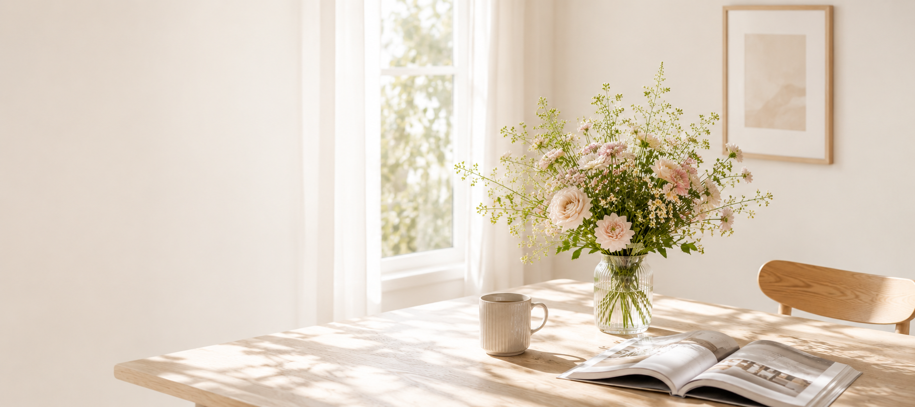 Sunlit home setting with fresh seasonal flowers on a wooden table, creating a calm and serene atmosphere for everyday flower subscription. 陽光灑落的家居空間，木桌上的時令鮮花花藝，展現 Flower Subscription 帶來的日常美感與寧靜生活。