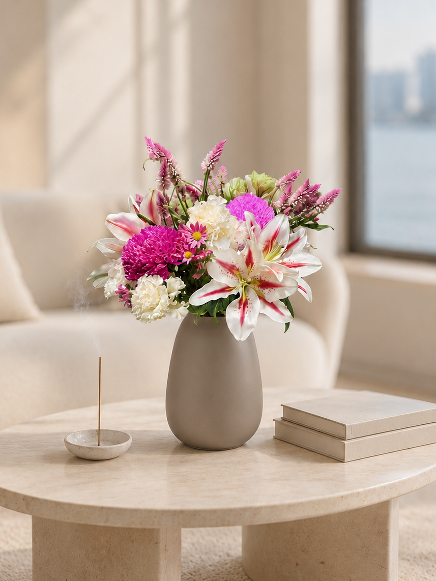 Flower Subscription｜鮮花訂閱花藝放置於 living room coffee table，柔和自然光營造溫暖舒適氛圍，讓客廳每天充滿自然生氣與生活感。