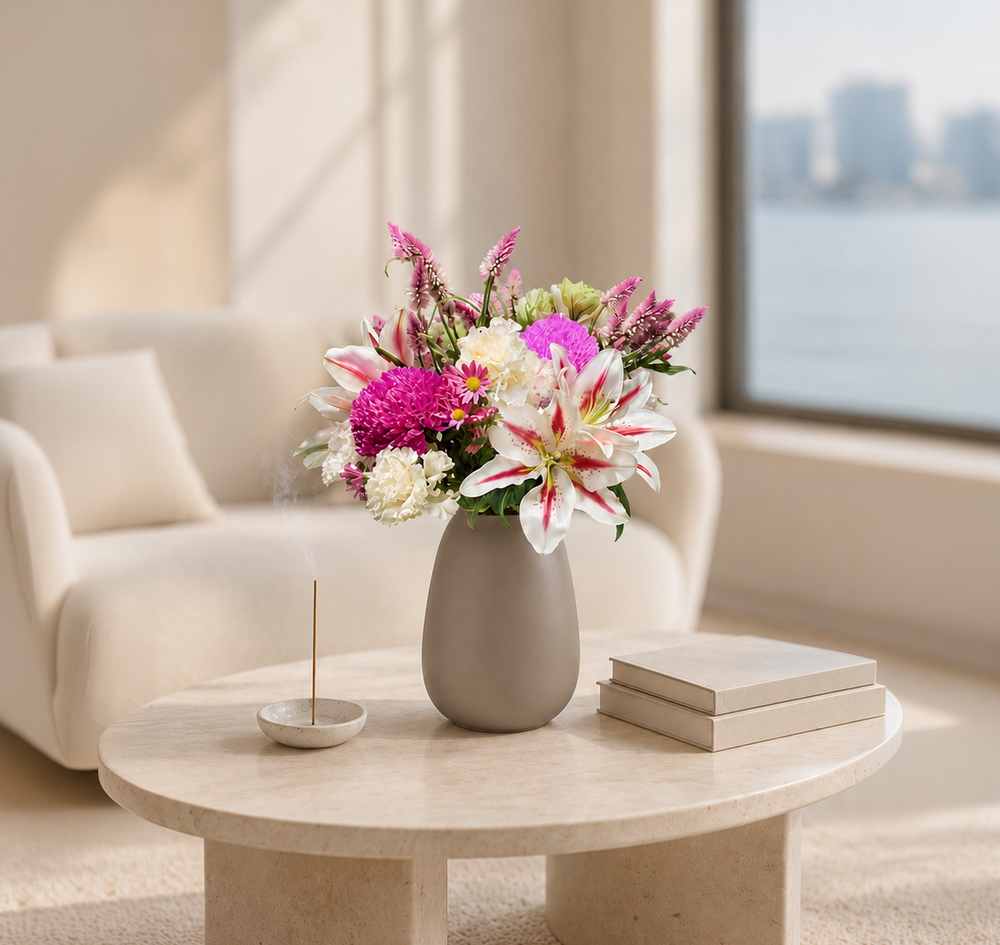Flower Subscription｜鮮花訂閱花藝放置於 living room coffee table，柔和自然光營造溫暖舒適氛圍，讓客廳每天充滿自然生氣與生活感。