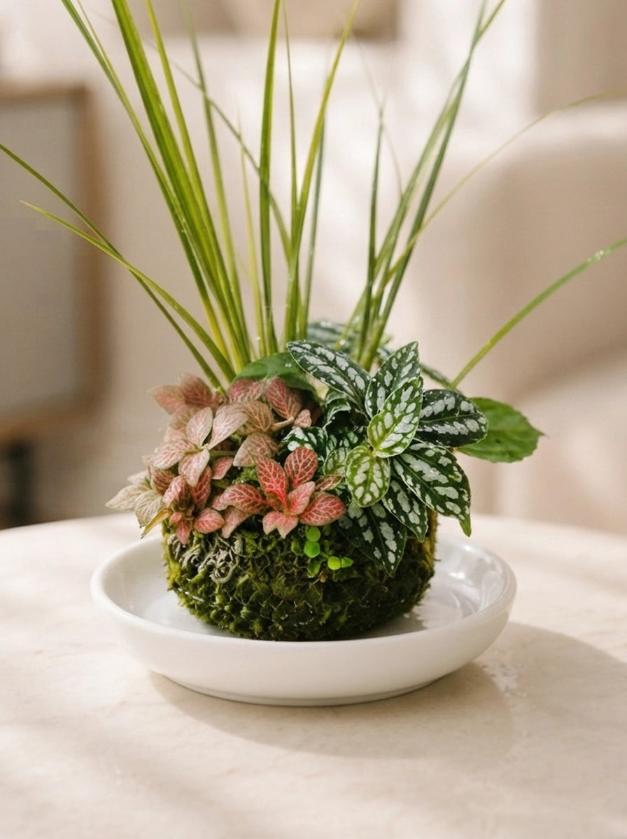Forest Harmony Kokedama 森林和諧日式苔蘚球，斜角展示，適合家居植物擺設