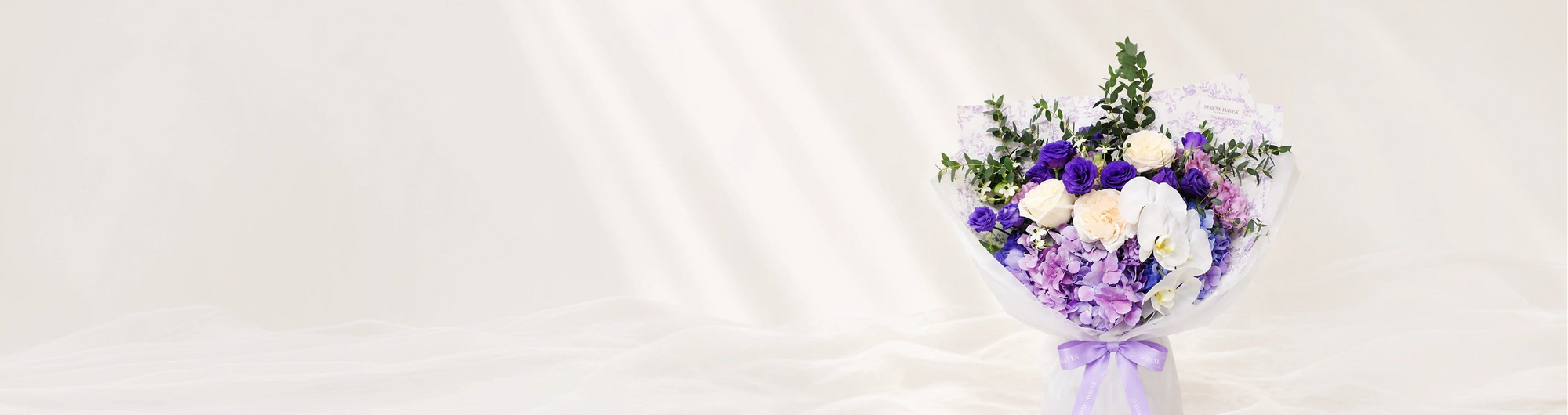 Serene Haven Florist 鮮花花束 Fresh Bouquet collection banner，handcrafted seasonal flowers with hydrangea, roses and orchids for gifting & everyday moments