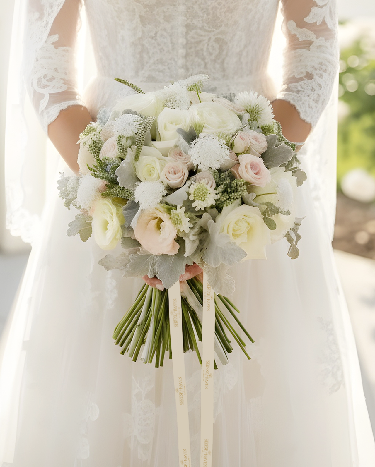 Serene Haven Grace 新娘花球，經典白色與裸粉花藝設計。Classic ivory bridal bouquet by Serene Haven.